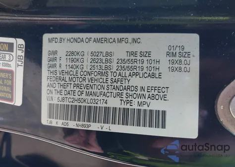 2019 Acura Rdx Technology Package from USA, damaged, VIN 5J8TC2H50KL032174